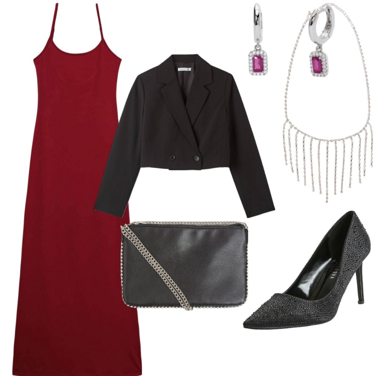Outfit donna - Terranova San Valentino. Stile Sexy per Serata fuori. Abbinamento con borse a tracolla, vestiti lunghi, blazer, décolleté, collane, orecchini.