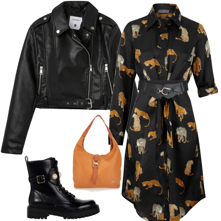Outfit donna - Boho biker. Stile Boho per Serata fuori. Abbinamento con vestiti chemisier, cinture, giacche, anfibi, borse a spalla.