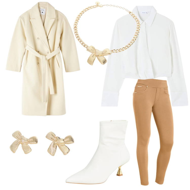 Outfit donna - Casual chic. Stile Bon Ton per Serata fuori. Abbinamento con stivaletti, cappotti, bluse, orecchini, collane, pantaloni skinny.
