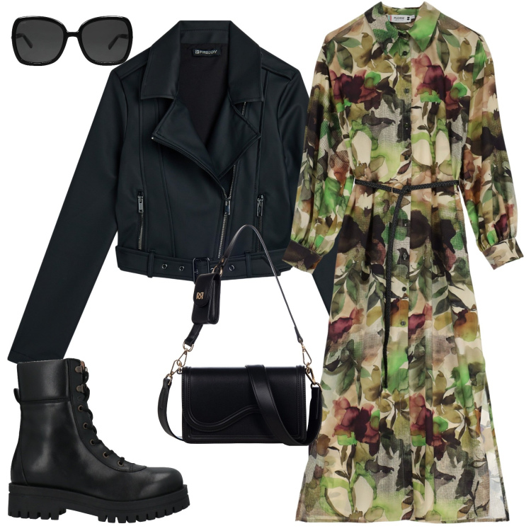 Outfit donna - Boho biker. Stile Boho per Serata fuori. Abbinamento con anfibi, occhiali da sole, pochette, vestiti lunghi, giacche.