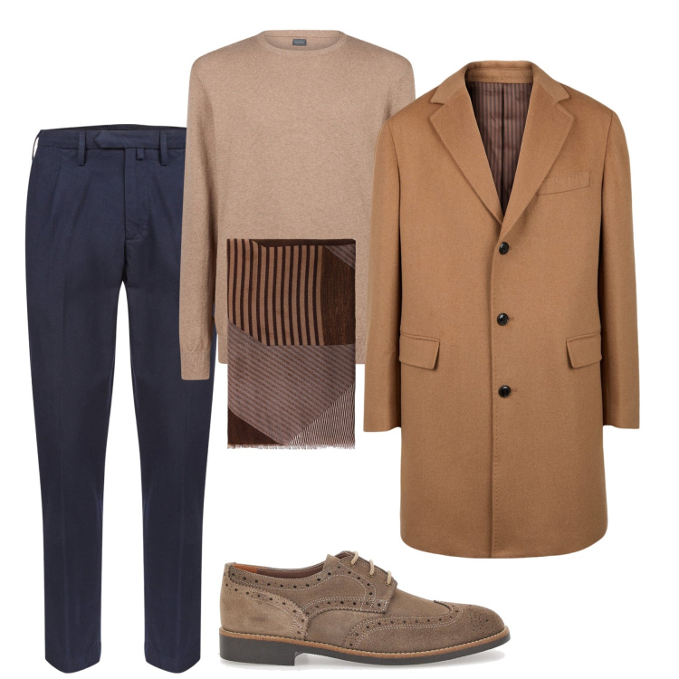 Outfit uomo - Il cappotto cammello. Stile Casual per Ufficio. Abbinamento con sciarpe, maglieria, cappotti, scarpe stringate, pantaloni.