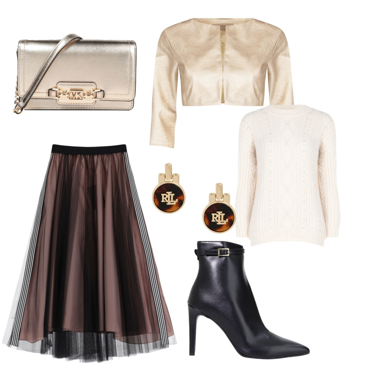 Outfit donna - Soft chic. Stile Glamour per Serata fuori. Abbinamento con borse a mano, bolero, maglieria, gonne longuette, stivaletti, orecchini.