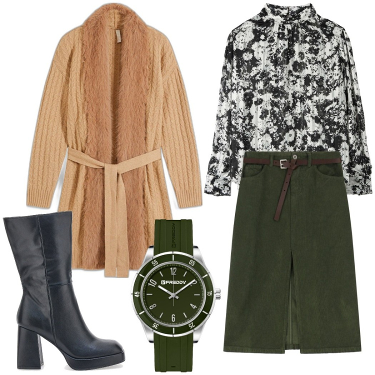 Outfit donna - Outfit ufficio. Stile Casual chic per Ufficio. Abbinamento con cardigans, bluse, orologi, gonne, stivali.