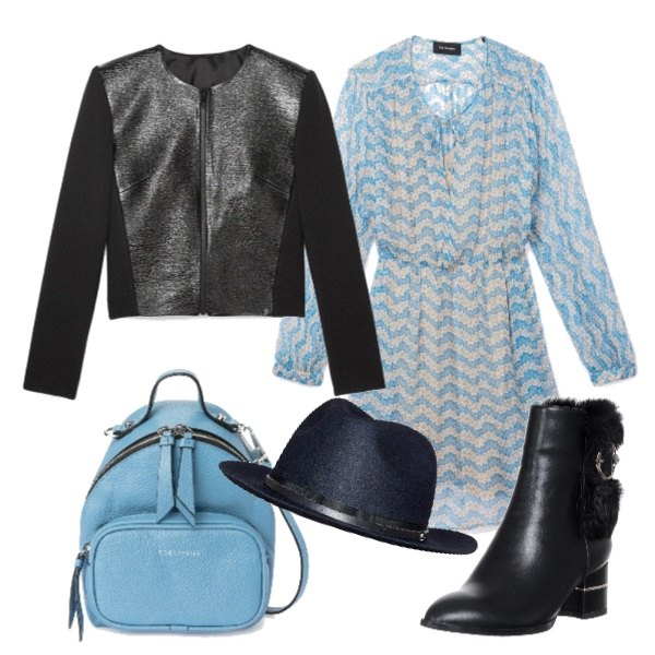 Outfit donna - City life. Stile Trendy per Tutti i giorni. Abbinamento con tronchetti nero, vestito in seta blu, zaino mini in pelle azzurro, cappello blu scuro, giacca taglio dritto nero.