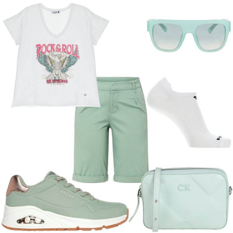 Outfit donna - Verde in bermuda. Stile Casual per Tutti i giorni. Abbinamento con bermuda, occhiali da sole, borse a tracolla, t-shirt, calzini, sneakers.