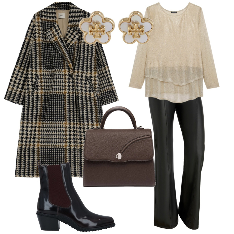 Outfit donna - Uscita domenicale. per Tutti i giorni. Abbinamento con stivaletti, pantaloni, cappotti, t-shirt, borse a mano, orecchini.