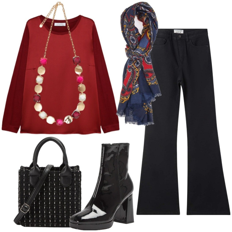 Outfit donna - Caffè con le amiche. Stile Urban per Tutti i giorni. Abbinamento con jeans a zampa, shopping bag, stivaletti, collane, foulard, t-shirt.