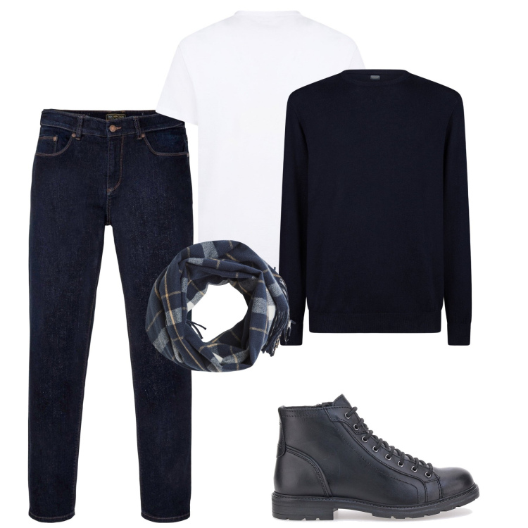 Outfit uomo - Aperitivo con gli amici. Stile Casual per Tutti i giorni. Abbinamento con jeans dritti, sciarpe, maglieria, stivali e stivaletti, t-shirt.