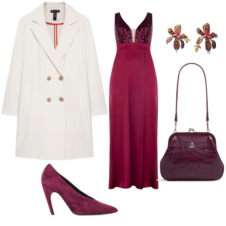Outfit donna - Matrimonio a febbraio. per Cerimonia. Abbinamento con décolleté, orecchini, vestiti, cappotti, pochette.