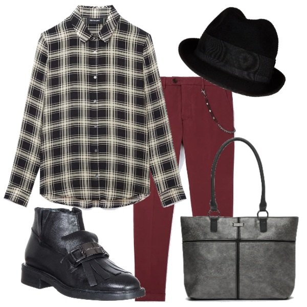 Outfit donna - Camicia tartan e stivaletto. Stile Trendy per Tutti i giorni. Abbinamento con stivaletti nero, abbigliamento argento, pantalone bordeaux, camicia in seta nero e bianco, cappello in pelle nero.