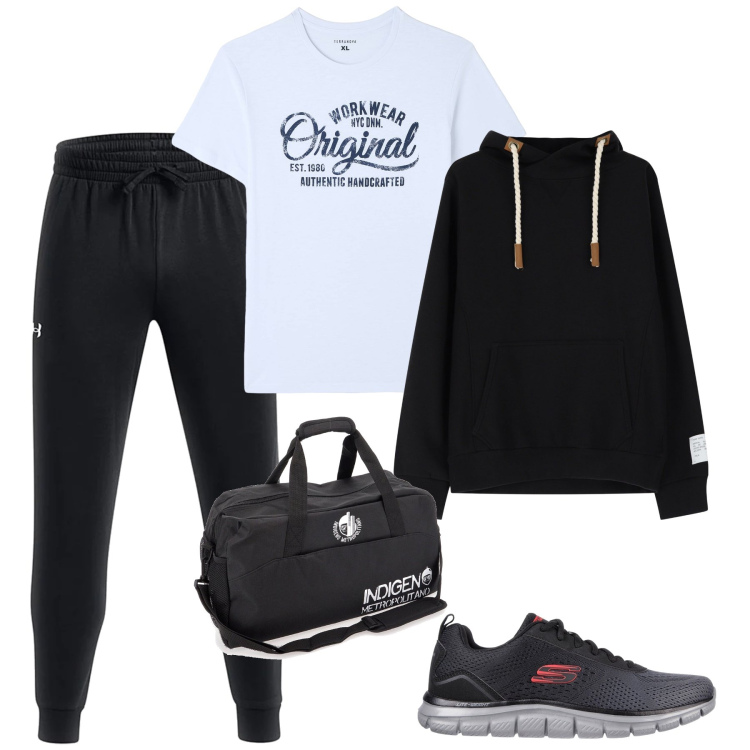 Outfit uomo - Sportivo. Stile Urban per Tutti i giorni. Abbinamento con t-shirt, felpe con cappuccio, borse sportive, pantaloni, sneakers.