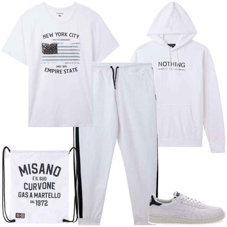 Outfit uomo - Total Terranova. Stile Casual per Sport. Abbinamento con borse sportive, t-shirt, pantaloni, felpe con cappuccio, sneakers.