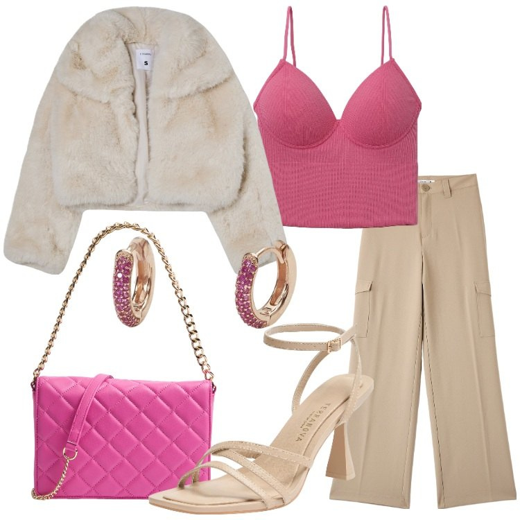 Outfit donna - Terranova - San Valentino. Stile Trendy per Serata fuori. Abbinamento con top, pantaloni cargo, blazer, borse a tracolla, sandali col tacco, orecchini.