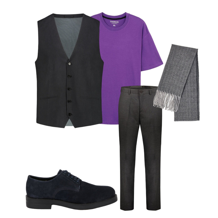 Outfit uomo - Comodo. per Ufficio. Abbinamento con t-shirt, pantaloni, sciarpe, scarpe stringate, gilet.