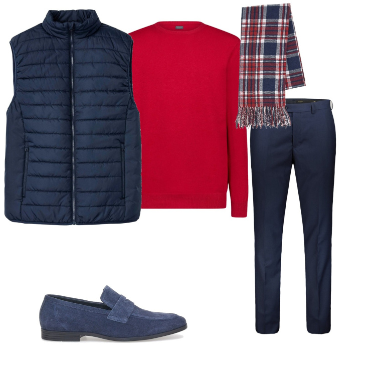 Outfit uomo - In banca. per Ufficio. Abbinamento con gilet, sciarpe, maglieria, scarpe stringate, pantaloni.