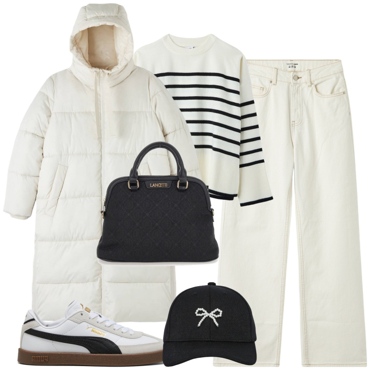 Outfit donna - Total look #2052694. Stile Casual per Tutti i giorni. Abbinamento con cappelli con visiera, piumini, maglieria, jeans, sneakers, borse a spalla.