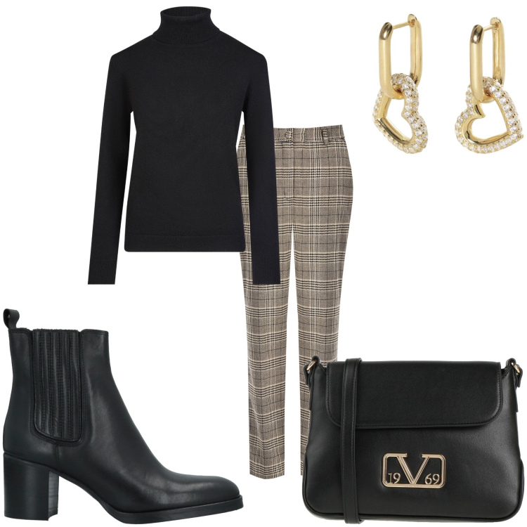 Outfit donna - A pranzo con le amiche. Stile Casual chic per Tutti i giorni. Abbinamento con borse a tracolla, stivaletti, orecchini, pantaloni, maglieria.