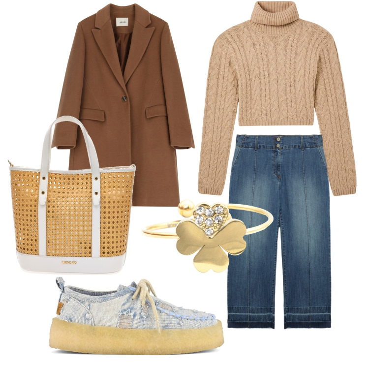 Outfit donna - Miele. Stile Casual per Tutti i giorni. Abbinamento con maglieria, anelli, cappotti, mocassini, borse a spalla, jeans.