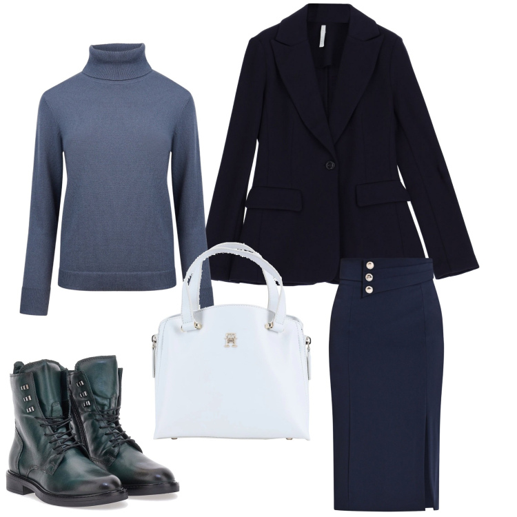 Outfit donna - Gonna, stivaletti e chic. Stile Casual chic per Serata fuori. Abbinamento con borse a mano, gonne longuette, blazer, maglieria, anfibi.