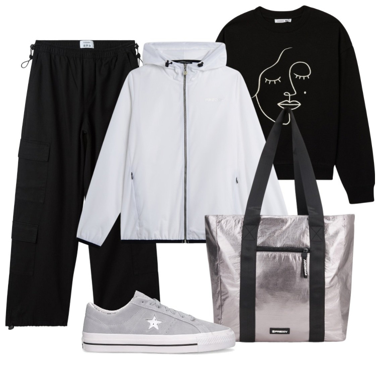 Outfit donna - Sportiva. Stile Sporty chic per Tutti i giorni. Abbinamento con pantaloni, felpe, shopping bag, blazer, sneakers.