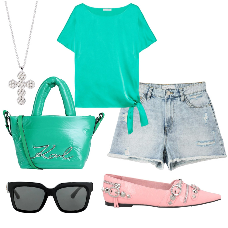 Outfit donna - Shorts e ballerine. Stile Casual per Tutti i giorni. Abbinamento con ballerine, borse a mano, occhiali da sole, shorts, ciondoli, bluse.