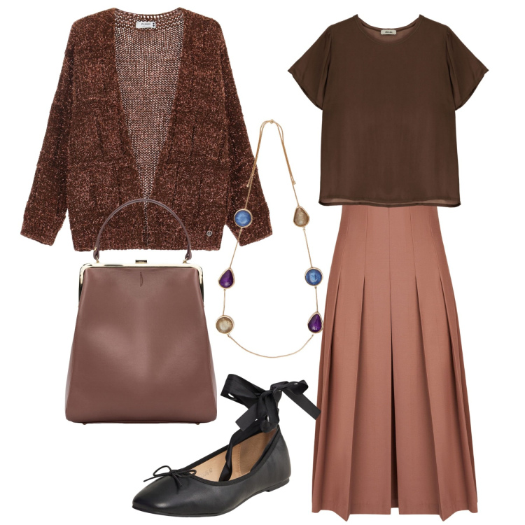 Outfit donna - Il cardigan con la gonna. Stile Chic per Serata fuori. Abbinamento con ballerine, cardigans, bluse, borse a spalla, gonne longuette, collane.
