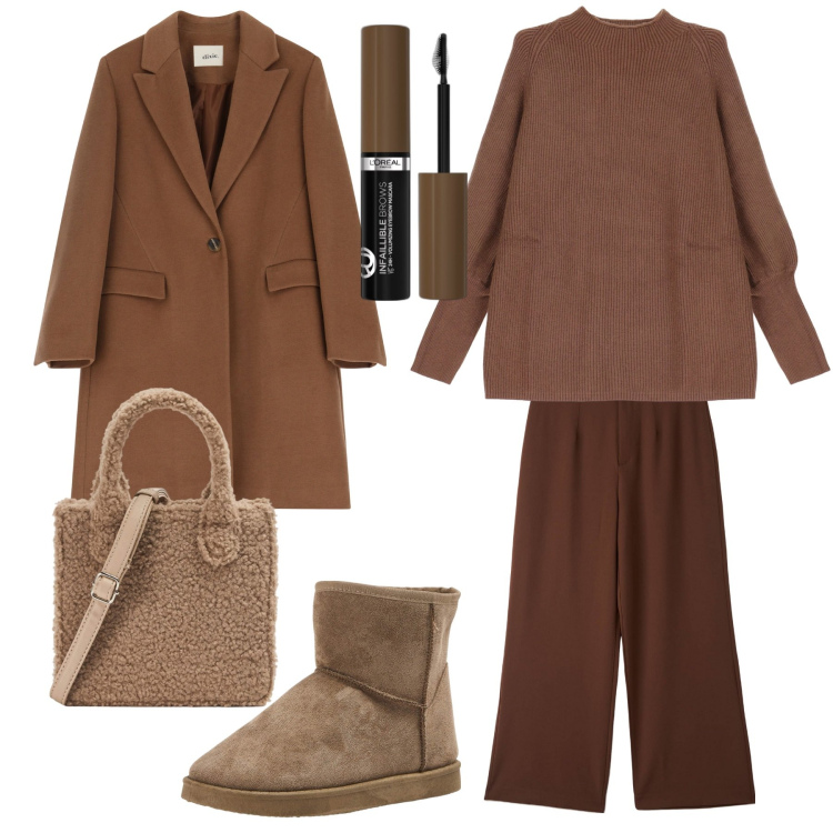 Outfit donna - Comoda in beige e marrone. Stile Casual chic per Ufficio. Abbinamento con mascara, pantaloni, shopping bag, stivaletti, maglieria, cappotti.
