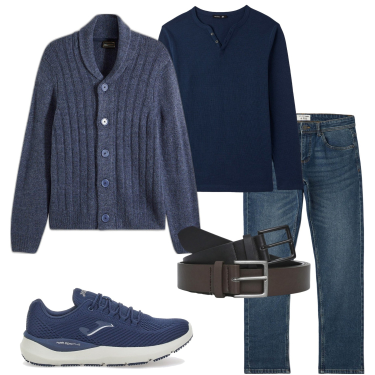 Outfit uomo - A casa di amici. Stile Casual per Serata speciale. Abbinamento con cardigans, t-shirt, cinture, jeans, sneakers.