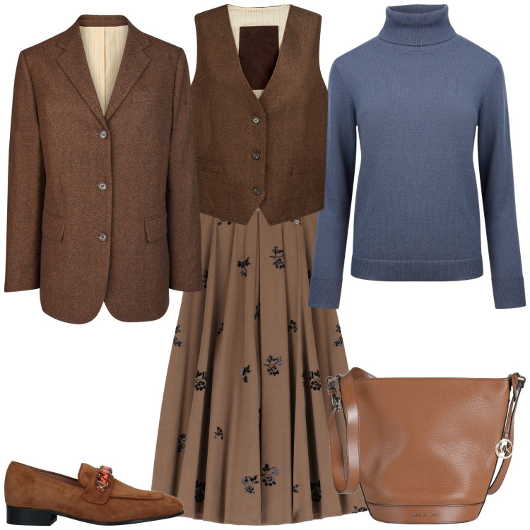 Outfit donna - Look vintage rivisitato. Stile Vintage retrò per Tutti i giorni. Abbinamento con borse a spalla, mocassini, gonne lunghe, maglieria, blazer, gilet.