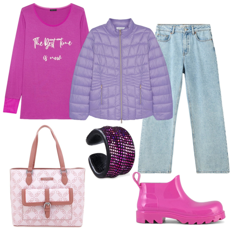 Outfit donna - Colori allegri. Stile Casual per Tutti i giorni. Abbinamento con jeans, stivali, piumini, borse a spalla, orecchini, t-shirt.