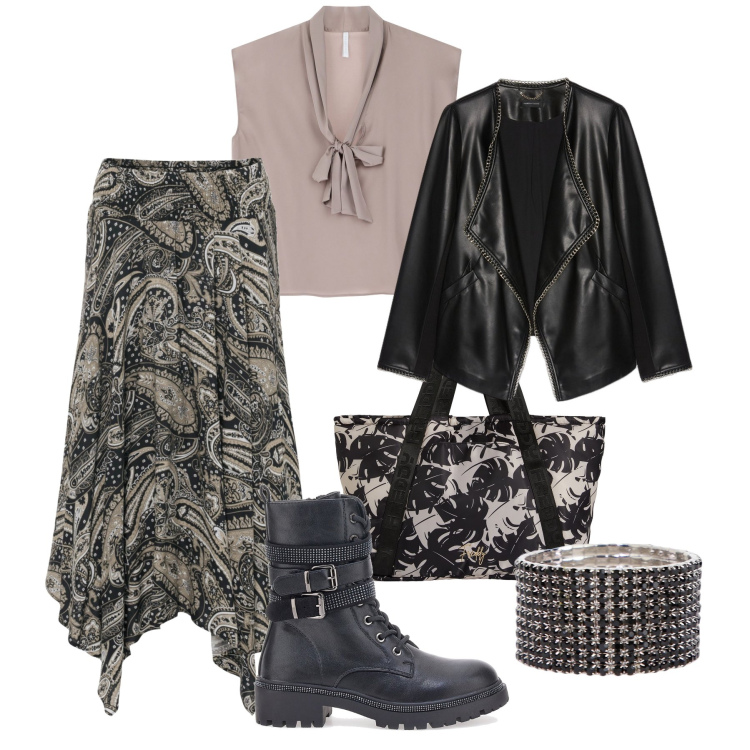 Outfit donna - Serata boho biker con gli anfibi. Stile Boho per Serata fuori. Abbinamento con gonne longuette, top, shopping bag, braccialetti, stivaletti, blazer.