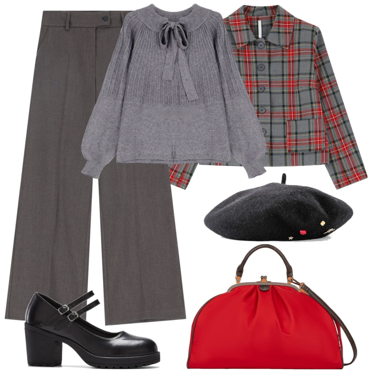 Outfit donna - Paris in love. Stile Basic per Tutti i giorni. Abbinamento con cappelli e berretti, décolleté, pantaloni a palazzo, blazer, pullovers, borse a spalla.