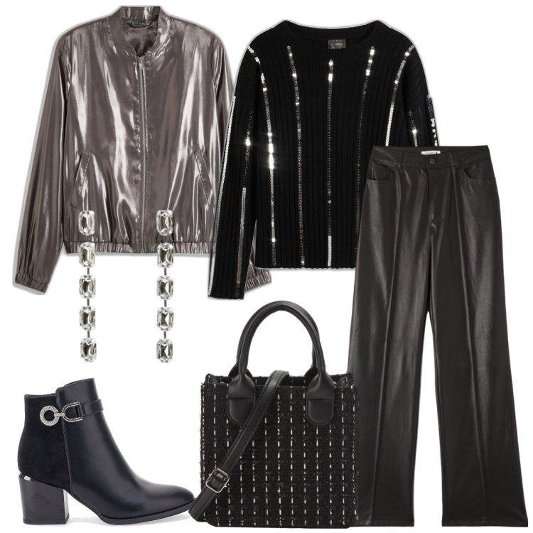 Outfit donna - Total look #2052804. Stile Casual chic per Serata fuori. Abbinamento con maglieria, bomber, pantaloni, shopping bag, orecchini, stivaletti.