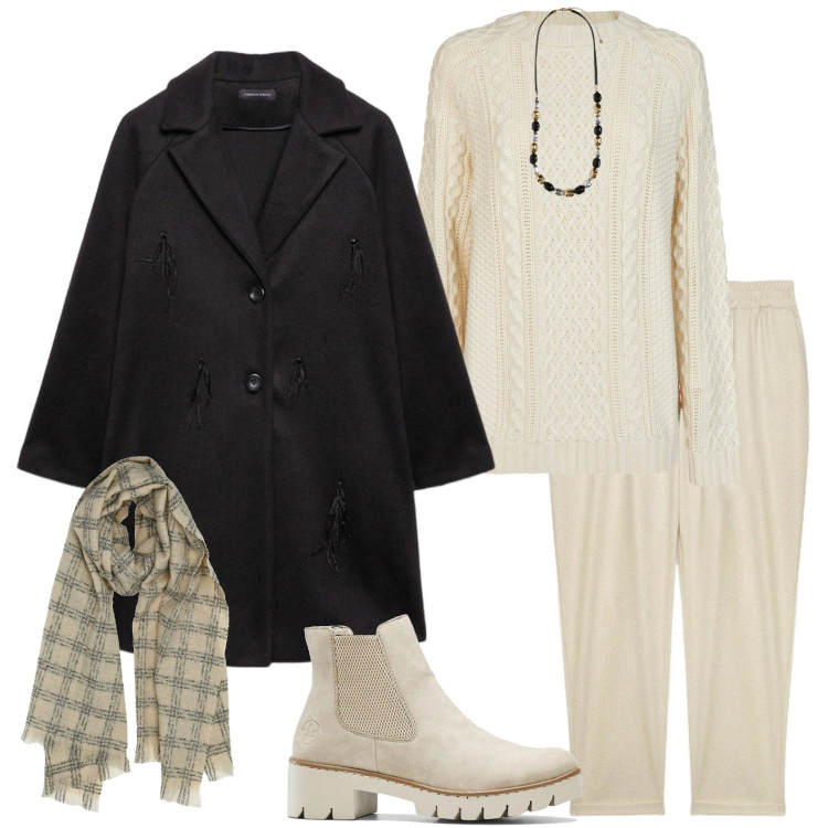 Outfit donna - In città. Stile Casual chic per Tutti i giorni. Abbinamento con stivaletti, sciarpe, cappotti, maglieria, pantaloni, collane.