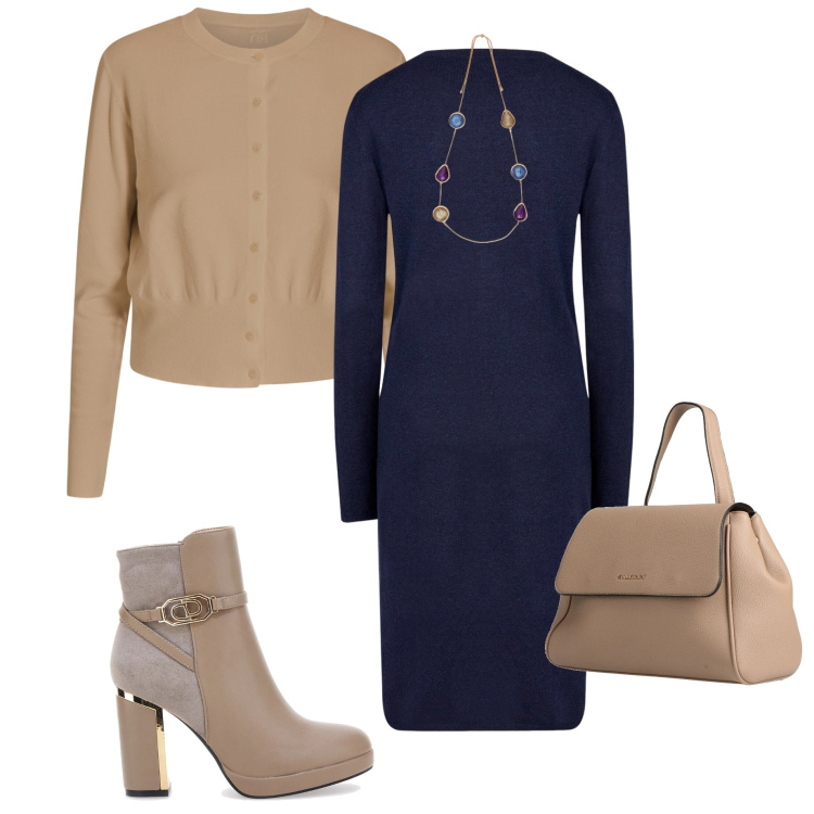 Outfit donna - Chic in ufficio. Stile Chic per Ufficio. Abbinamento con zaini, cardigans, vestiti midi/longuette, stivaletti, collane.