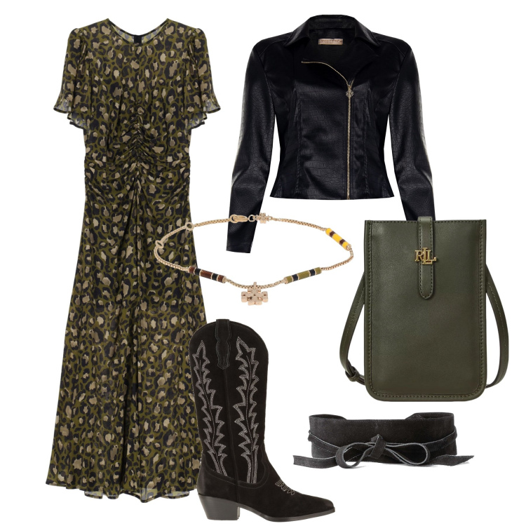 Outfit donna - Boho biker in città. Stile Boho per Tutti i giorni. Abbinamento con cinture, stivali, braccialetti, giacche, vestiti, borse a tracolla.