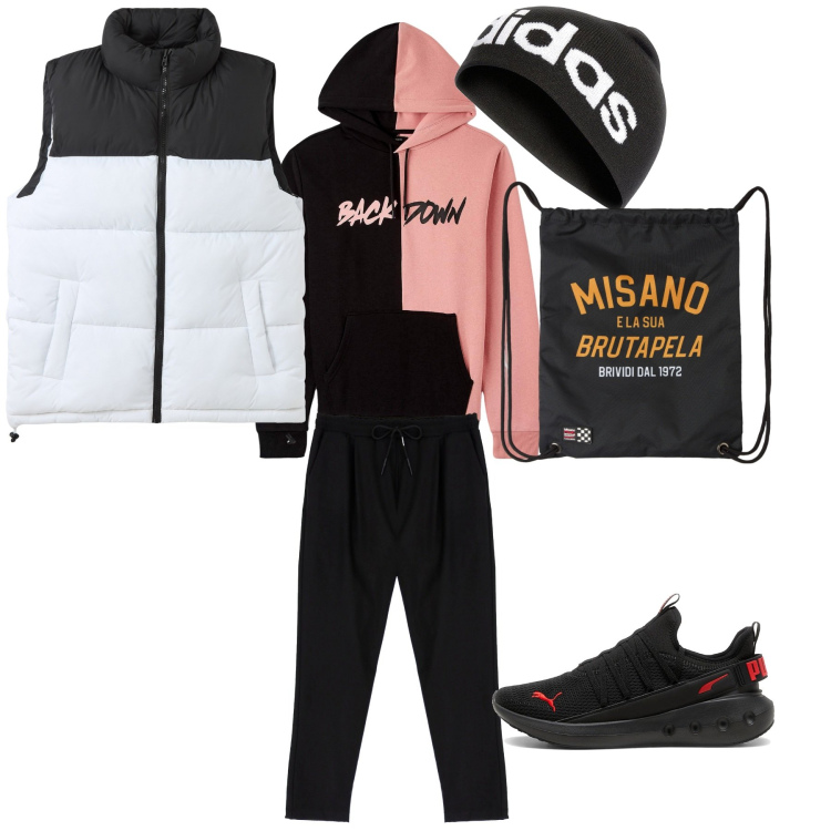 Outfit uomo - Allenamento trend. Stile Casual per Sport. Abbinamento con borse sportive, piumini, felpe con cappuccio, pantaloni, berretti, sneakers.