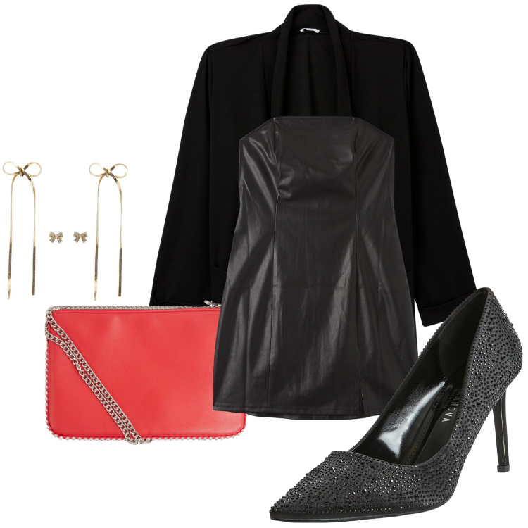 Outfit donna - Red passion. Stile Casual chic per Serata fuori. Abbinamento con borse a tracolla, vestiti midi/longuette, blazer, décolleté, orecchini.