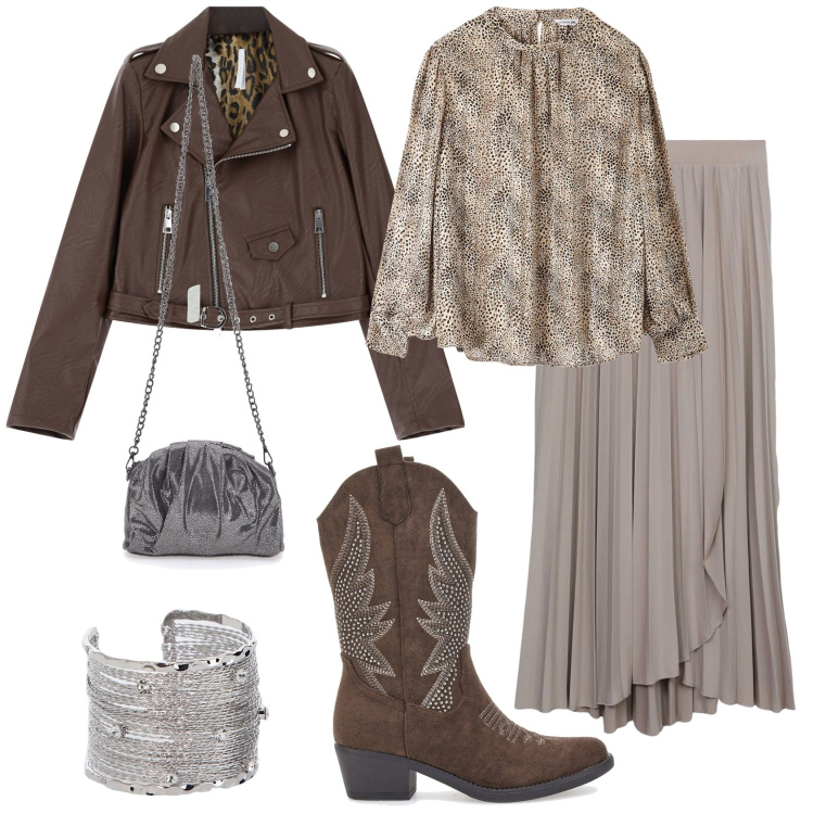 Outfit donna - Boho biker style. Stile Boho per Tutti i giorni. Abbinamento con gonne lunghe, bluse, giacche, braccialetti, stivaletti texani, pochette.