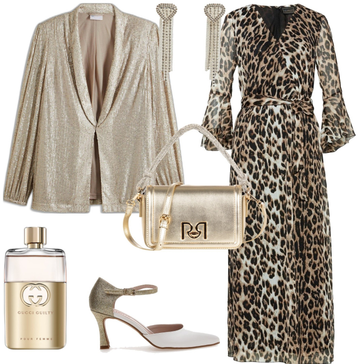 Outfit donna - Animalier per serata evento glamour. Stile Glamour per Serata fuori. Abbinamento con vestiti lunghi, blazer, profumi, orecchini, borse a mano, décolleté.