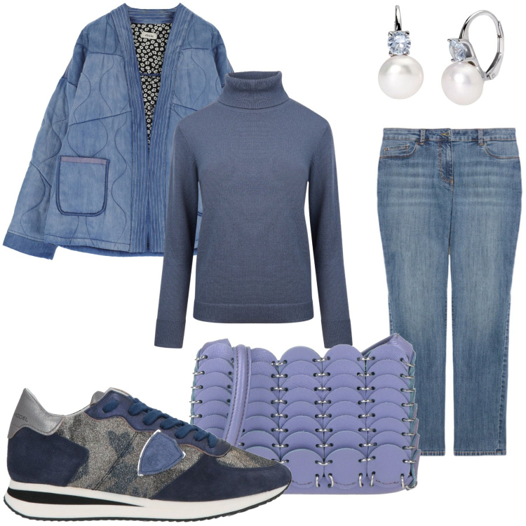 Outfit donna - Jeans e maglione lupetto. Stile Trendy per Tutti i giorni. Abbinamento con borse a tracolla, sneakers, orecchini, blazer, maglieria, jeans skinny.