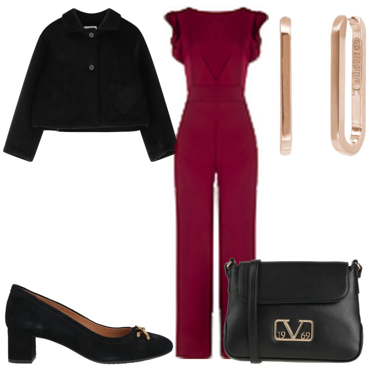 Outfit donna - Serata nera e rossa. Stile Glamour per Serata fuori. Abbinamento con borse a tracolla, décolleté, orecchini, blazer, tute.