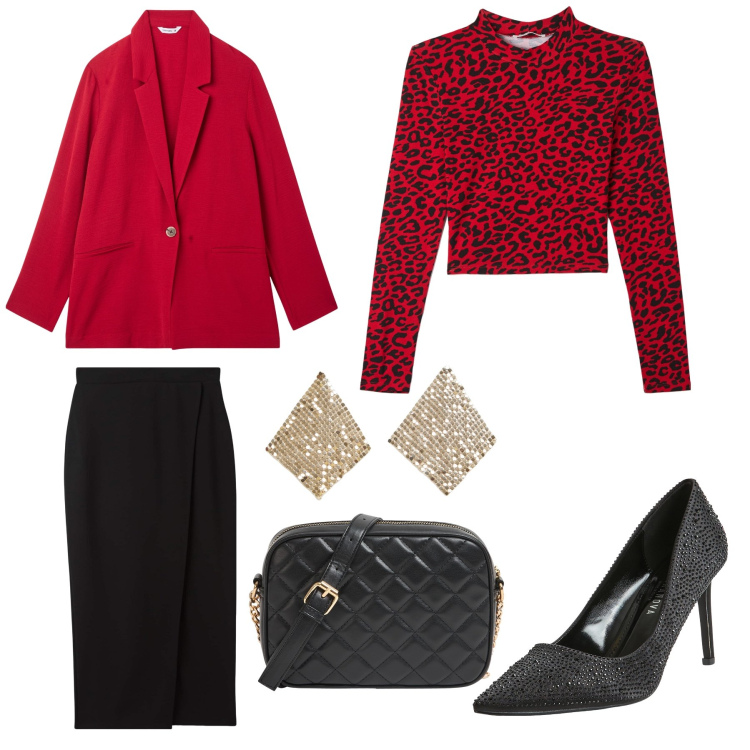 Outfit donna - Rosso San Valentino. Stile Chic per Serata fuori. Abbinamento con blazer, gonne longuette, t-shirt, borse a tracolla, décolleté, orecchini.