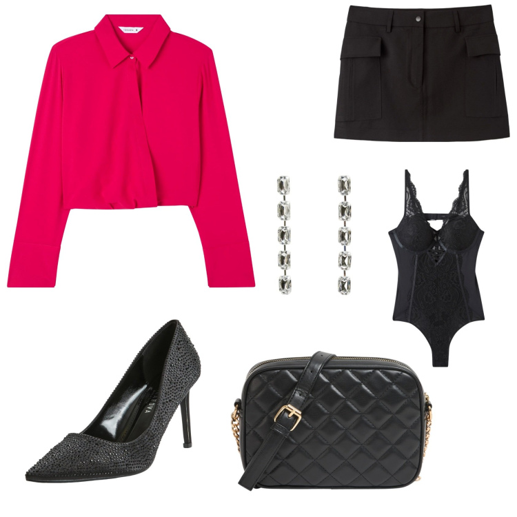 Outfit donna - Terralova. Stile Casual chic Abbinamento con décolleté, borse a tracolla, orecchini, gonne, bluse, body.