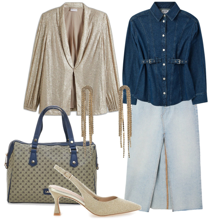 Outfit donna - Denim on denim. Stile Glamour per Tutti i giorni. Abbinamento con blazer, camicie, gonne lunghe, orecchini, borse a spalla, décolleté.