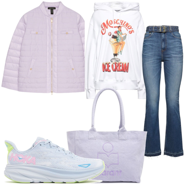 Outfit donna - La felpa con cappuccio e jeans. Stile Casual per Tutti i giorni. Abbinamento con felpe con cappuccio, piumini, shopping bag, jeans dritti, sneakers.
