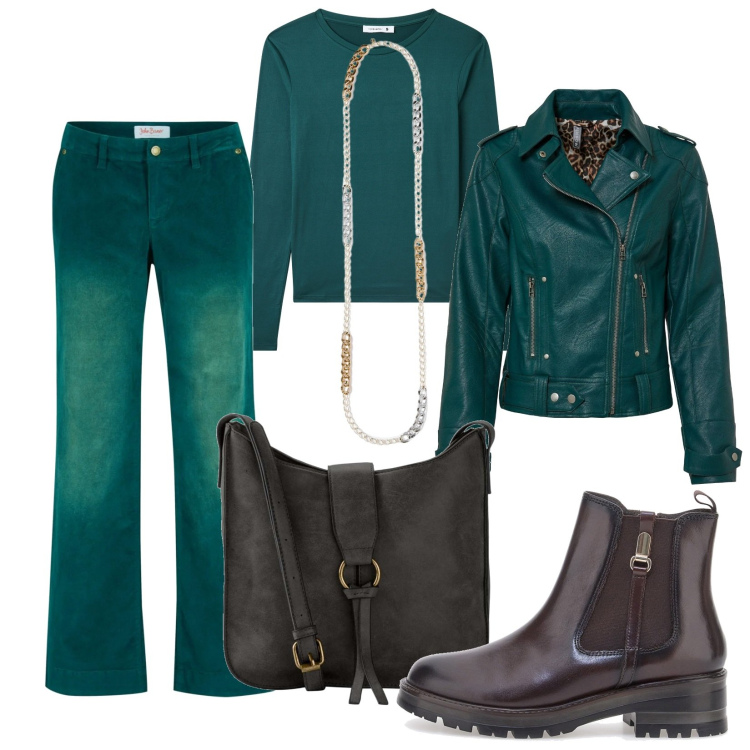 Outfit donna - Total look #2052851. Stile Trendy per Tutti i giorni. Abbinamento con pantaloni, blazer, borse a tracolla, t-shirt, stivaletti chelsea, collane.