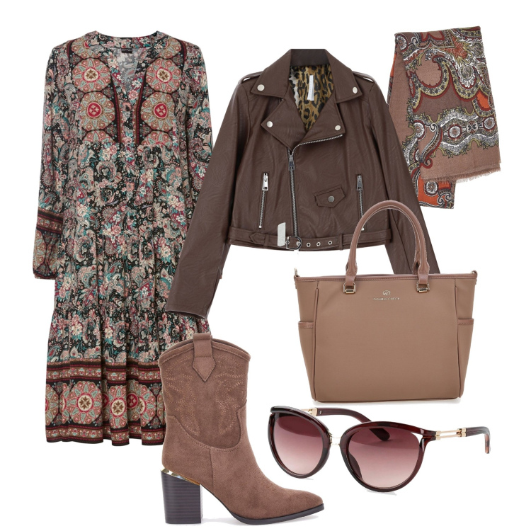 Outfit donna - Texani, biker e fantasia paisley. Stile Trendy per Tutti i giorni. Abbinamento con vestiti, occhiali da sole, giacche, stivaletti texani, borse a tracolla, foulard.