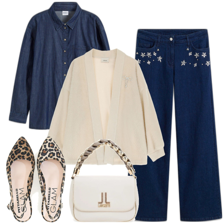 Outfit donna - Denim on denim. Stile Trendy per Tutti i giorni. Abbinamento con jeans, camicie, blazer, borse a tracolla, ballerine.