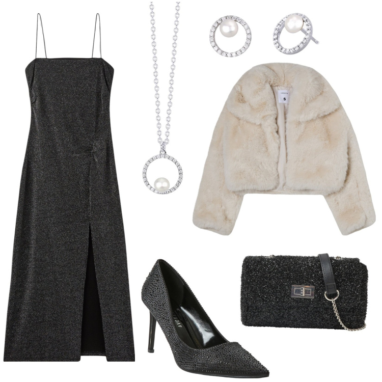 Outfit donna - Glamour per San Valentino. Stile Glamour per Serata fuori. Abbinamento con vestiti lunghi, borse a tracolla, décolleté, blazer, orecchini, collane.